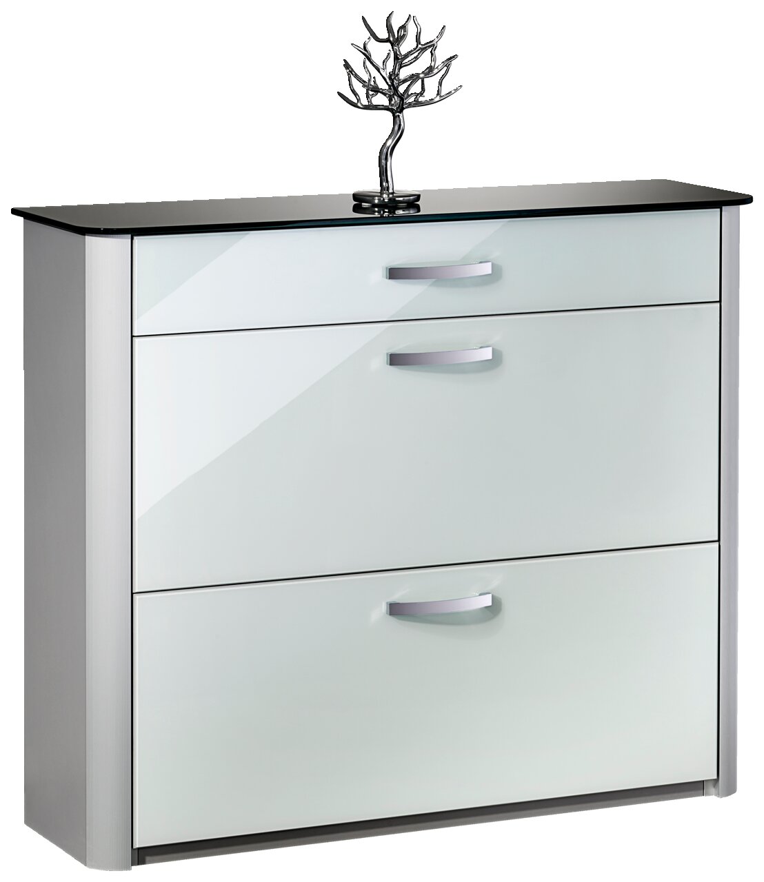 Moderano Schoenenkast MILANO Moderner Schuhschrank mit glänzender Glasfront und dekorativer Skulptur auf der Oberseite, Frontalansicht