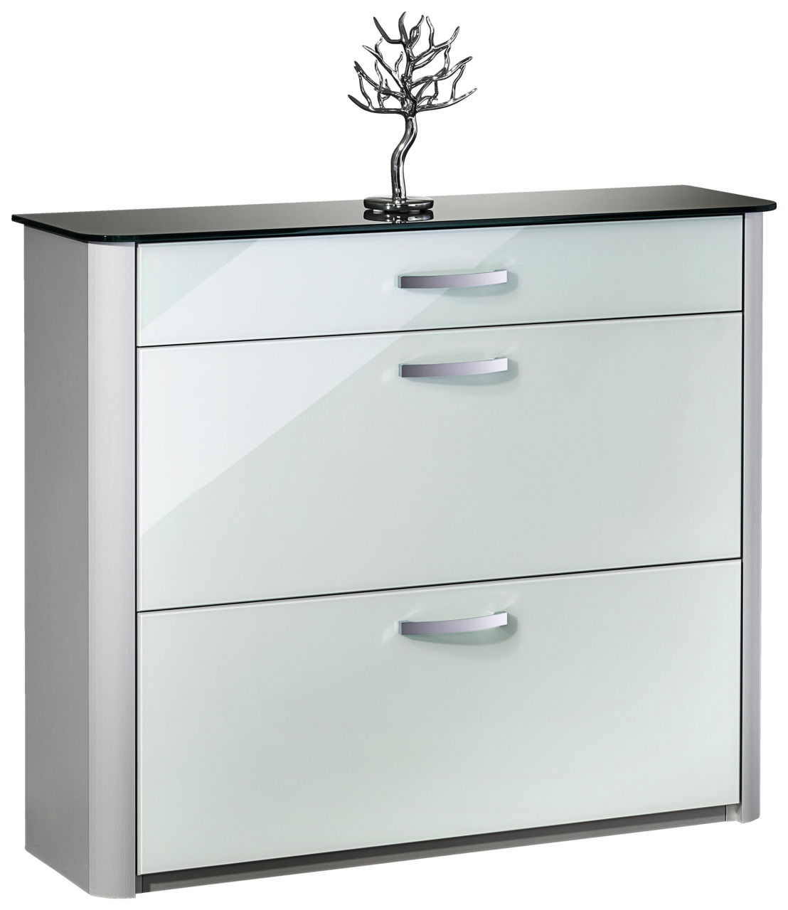 Moderano Schuhschrank MILANO Moderner Schuhschrank mit glänzender Glasfront und dekorativer Skulptur auf der Oberseite, Frontalansicht