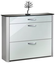 Moderner Schuhschrank mit glänzender Glasfront und dekorativer Skulptur auf der Oberseite, Frontalansicht