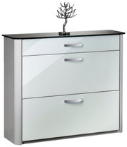 Moderner Schuhschrank mit glänzender Glasfront und dekorativer Skulptur auf der Oberseite, Frontalansicht