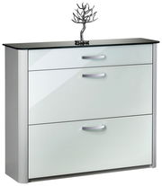 Moderner Schuhschrank mit glänzender Glasfront und dekorativer Skulptur auf der Oberseite, Frontalansicht