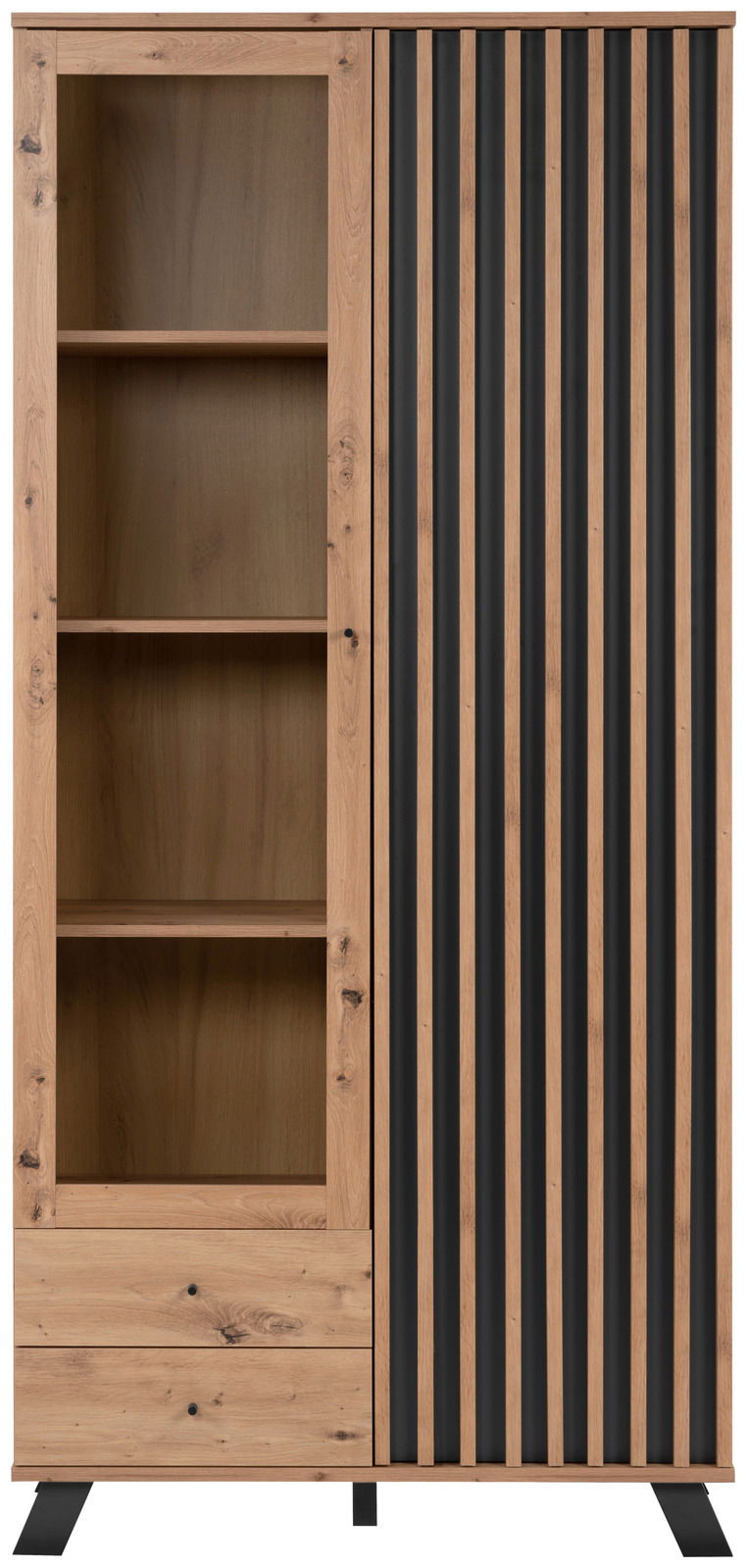 Frontansicht einer modernen Vitrine mit Holz- und Metallelementen, links mit offenen Regalen und rechts mit vertikalen schwarzen Streifen.