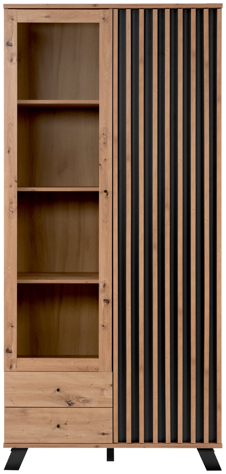 Vooraanzicht van een moderne vitrinekast met houten en metalen elementen, links met open planken en rechts met verticale zwarte strepen.