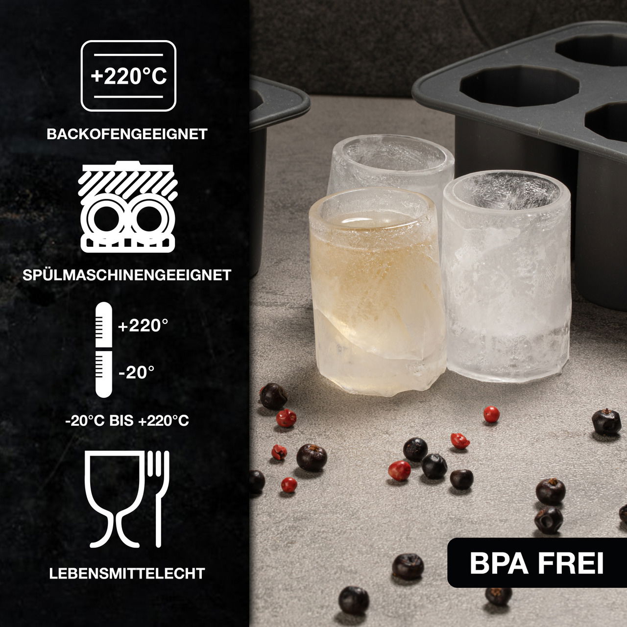 Eiswürfelform in Form von Bechern, geeignet für Backofen und Spülmaschine, BPA-frei, aus der Perspektive von oben fotografiert.