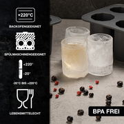 Eiswürfelform in Form von Bechern, geeignet für Backofen und Spülmaschine, BPA-frei, aus der Perspektive von oben fotografiert.