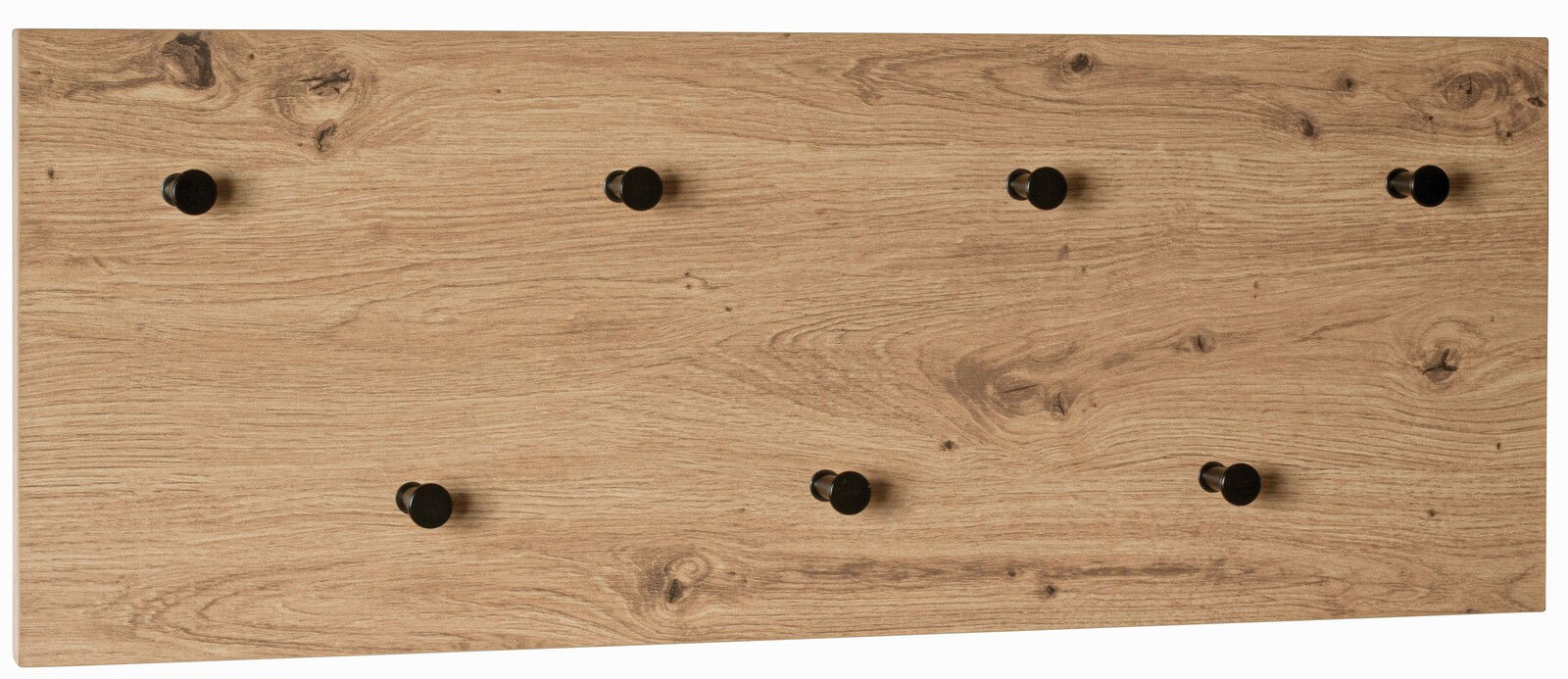 Holzoptik Wandgarderobe mit schwarzen Haken, frontale Ansicht