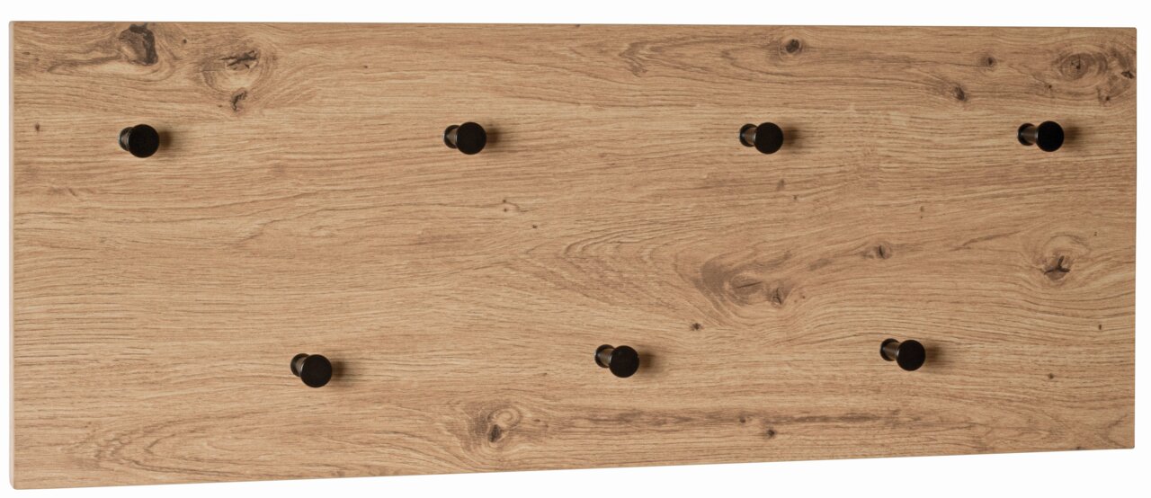 Holzoptik Wandgarderobe mit schwarzen Haken, frontale Ansicht