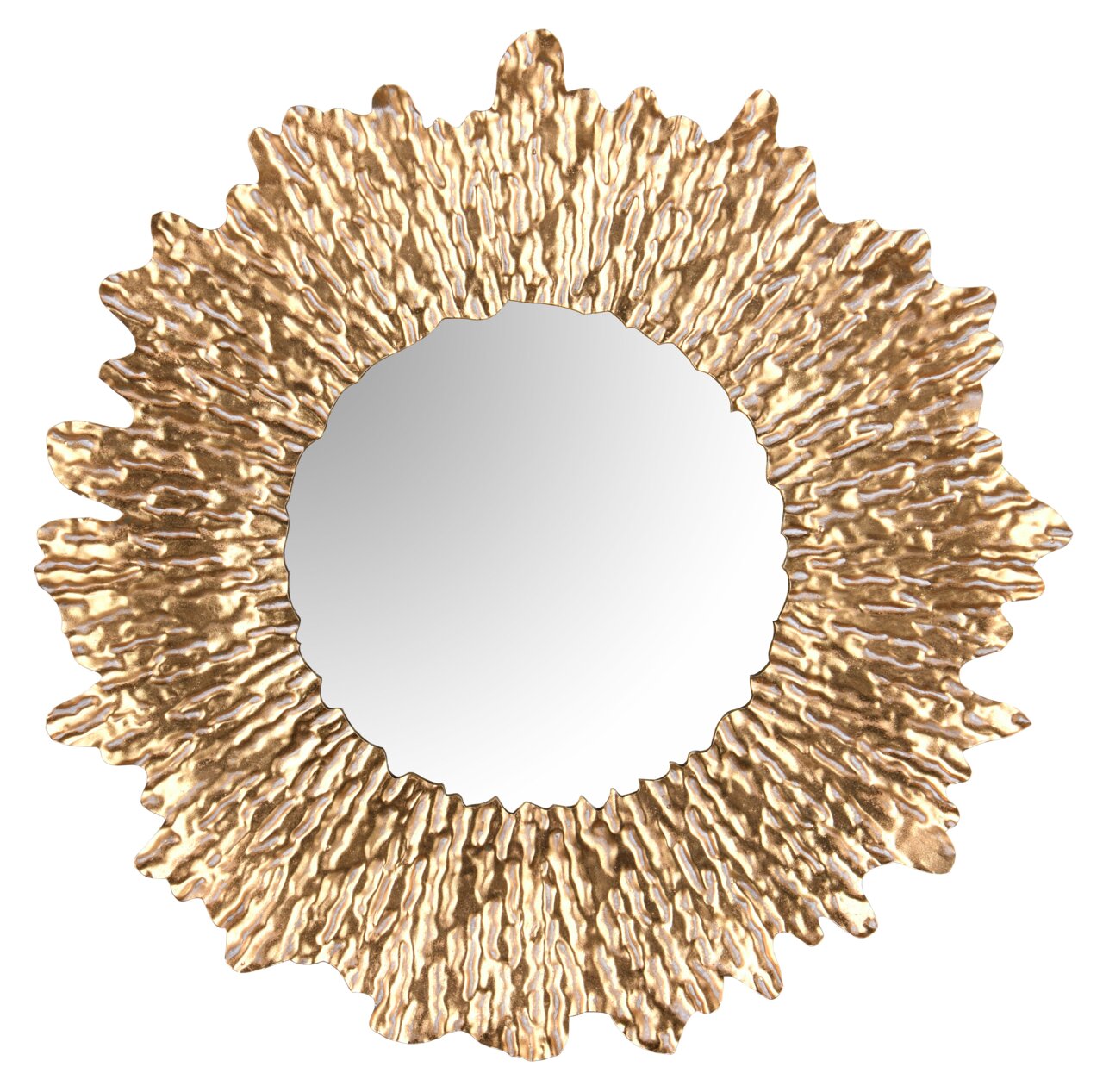 Runder Spiegel mit einem goldfarbenen, wellenförmigen Rahmen, aus der Frontalperspektive betrachtet.