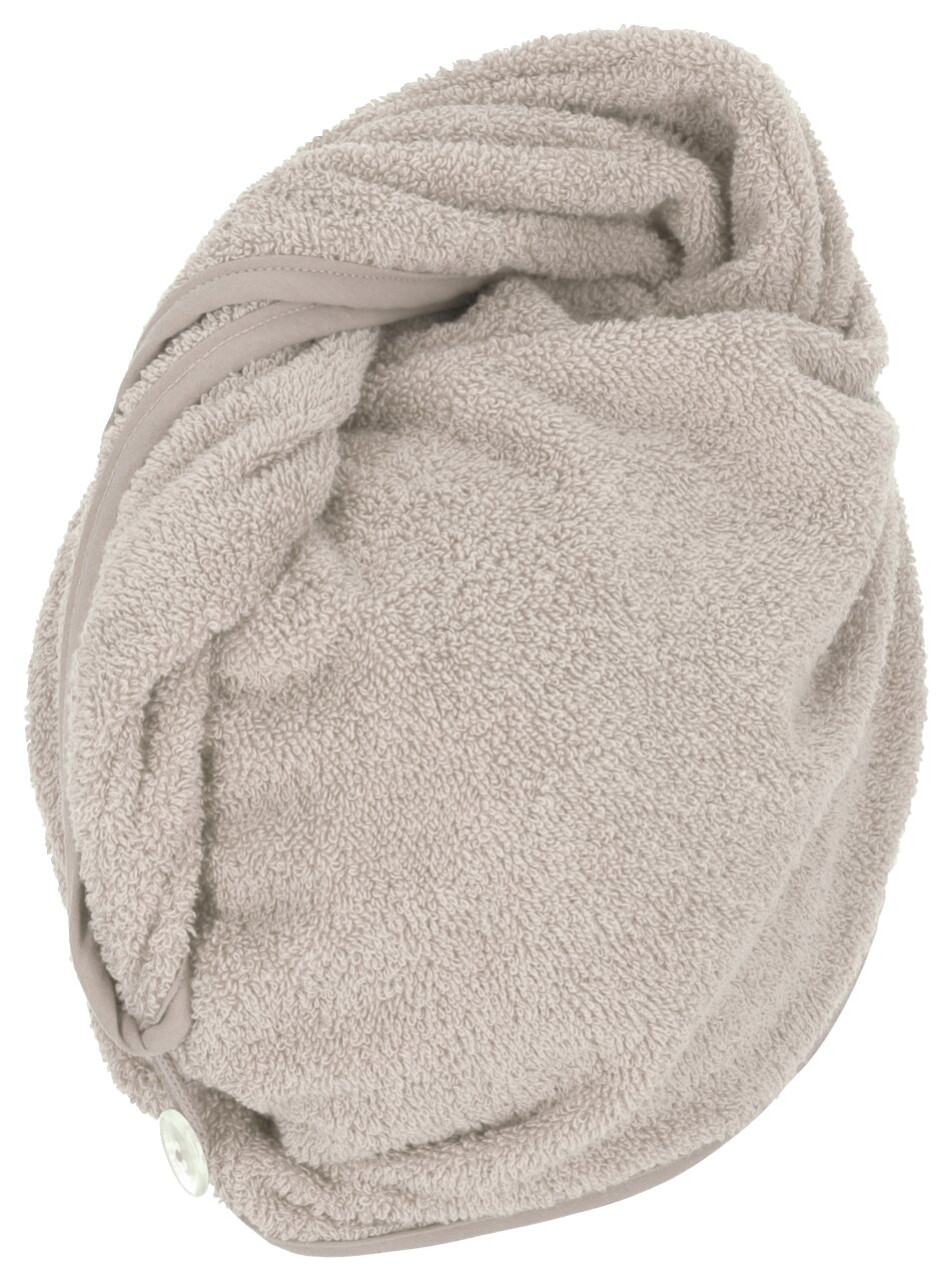 Beigefarbener Turban aus Frottee-Stoff, seitliche Perspektive