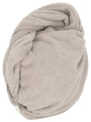 Beigefarbener Turban aus Frottee-Stoff, seitliche Perspektive