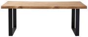 Moderner Esstisch aus Holz mit schwarzen Metallbeinen, seitliche Perspektive