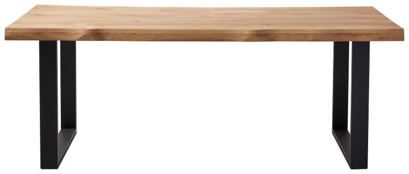 Moderner Esstisch aus Holz mit schwarzen Metallbeinen, seitliche Perspektive