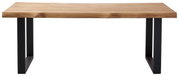 Moderner Esstisch aus Holz mit schwarzen Metallbeinen, seitliche Perspektive