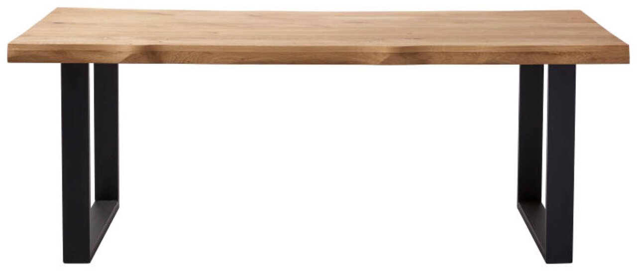 Moderner Esstisch aus Holz mit schwarzen Metallbeinen, seitliche Perspektive
