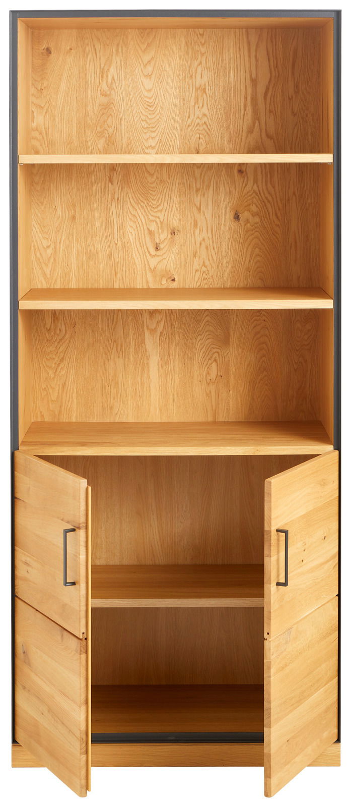 Holzregalschrank mit zwei offenen Türen, zwei oberen Regalböden und einem unteren Fach, Frontalansicht