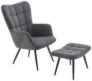 Grauer Sessel mit Hocker, seitliche Perspektive, modernes Design mit gepolstertem Stoff und schwarzen Beinen