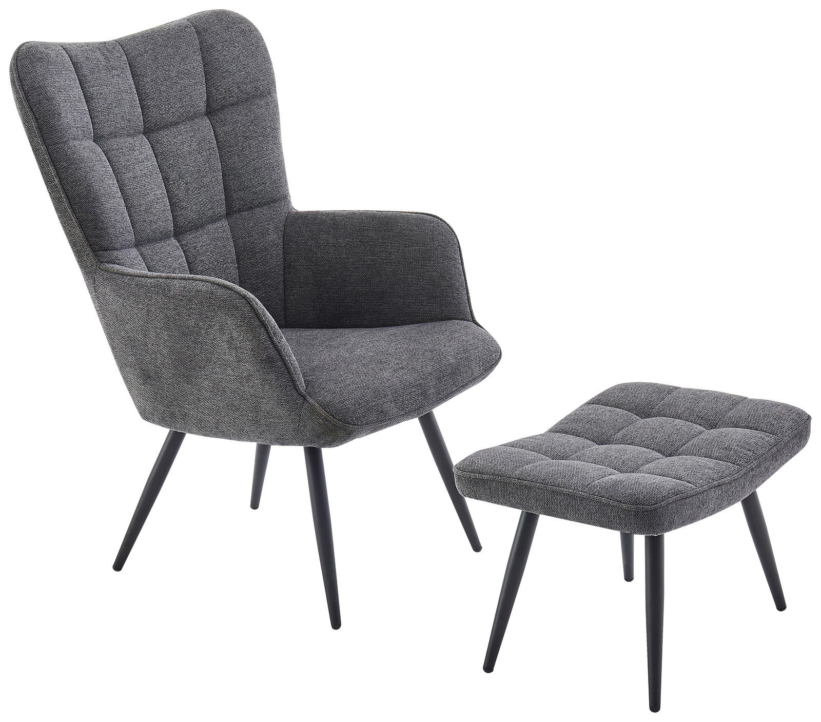 Grauer Sessel mit Hocker, seitliche Perspektive, modernes Design mit gepolstertem Stoff und schwarzen Beinen