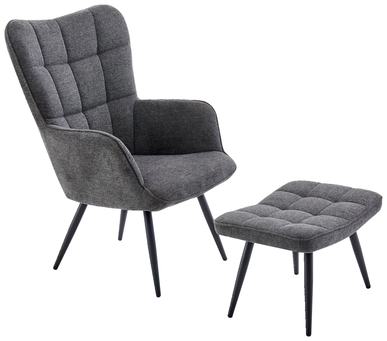 Grauer Sessel mit Hocker, seitliche Perspektive, modernes Design mit gepolstertem Stoff und schwarzen Beinen