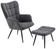 Grauer Sessel mit Hocker, seitliche Perspektive, modernes Design mit gepolstertem Stoff und schwarzen Beinen