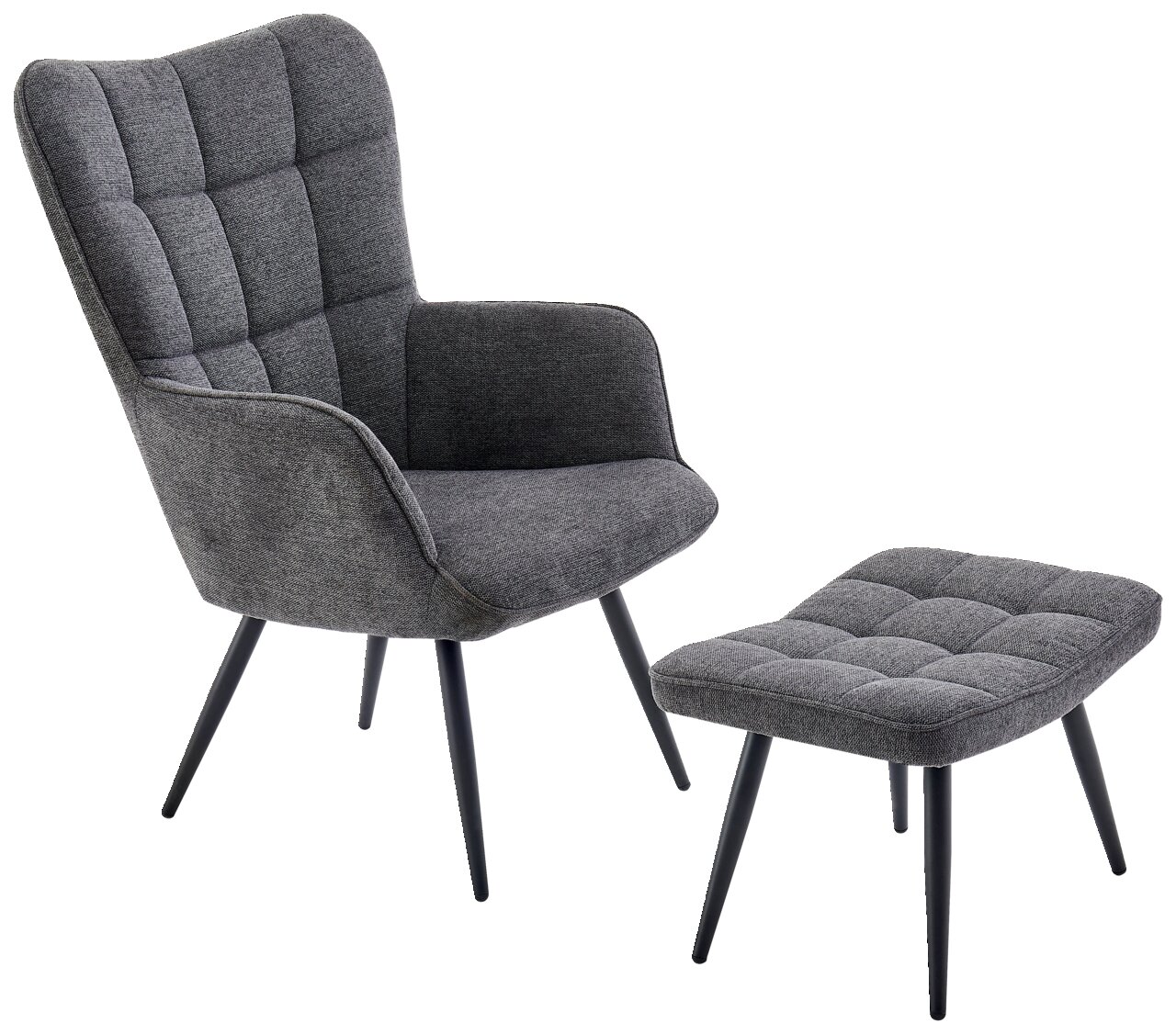 Grauer Sessel mit Hocker, seitliche Perspektive, modernes Design mit gepolstertem Stoff und schwarzen Beinen
