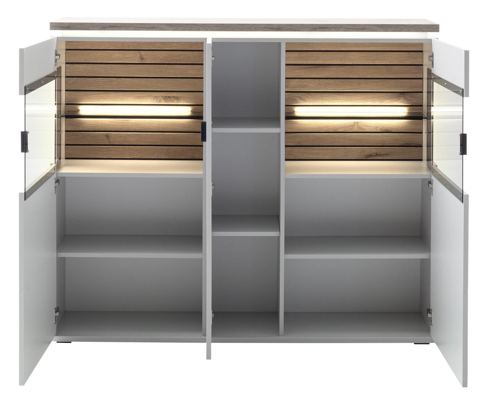 Offenes modernes Sideboard/Schrank in Weiß und Holzoptik mit Glas-Seitenteilen, LED-Innenbeleuchtung und mehreren Fächern, frontale Ansicht