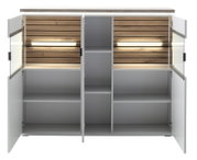 Offenes modernes Sideboard/Schrank in Weiß und Holzoptik mit Glas-Seitenteilen, LED-Innenbeleuchtung und mehreren Fächern, frontale Ansicht