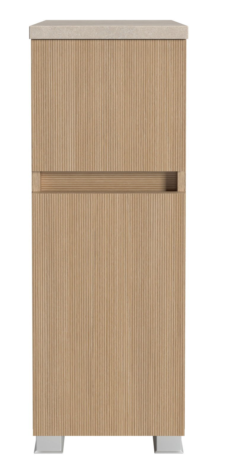 XORA Unterschrank TOULON Frontansicht eines modernen Unterschranks mit vertikaler Holzmaserung und Metallfüßen.