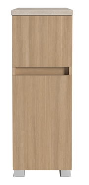 Frontansicht eines modernen Unterschranks mit vertikaler Holzmaserung und Metallfüßen.