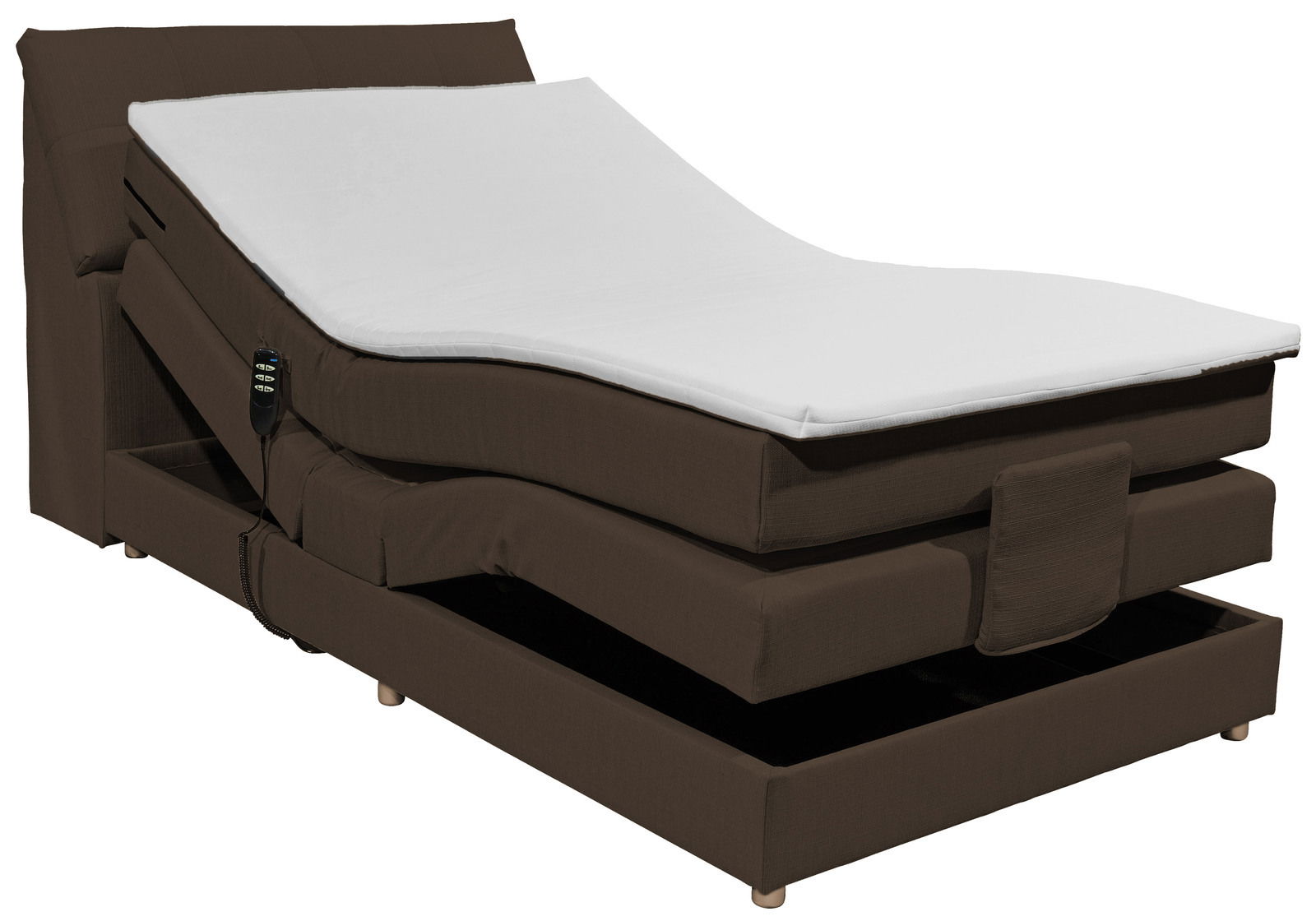 Elektrisch verstellbares Boxspringbett in Braun mit Fernbedienung, seitliche Perspektive