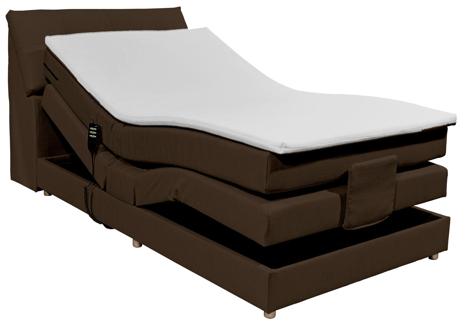 Elektrisch verstellbares Boxspringbett in Braun mit Fernbedienung, seitliche Perspektive