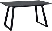 Moderner Esstisch mit dunkler Tischplatte und schwarzen Metallbeinen, seitliche Perspektive