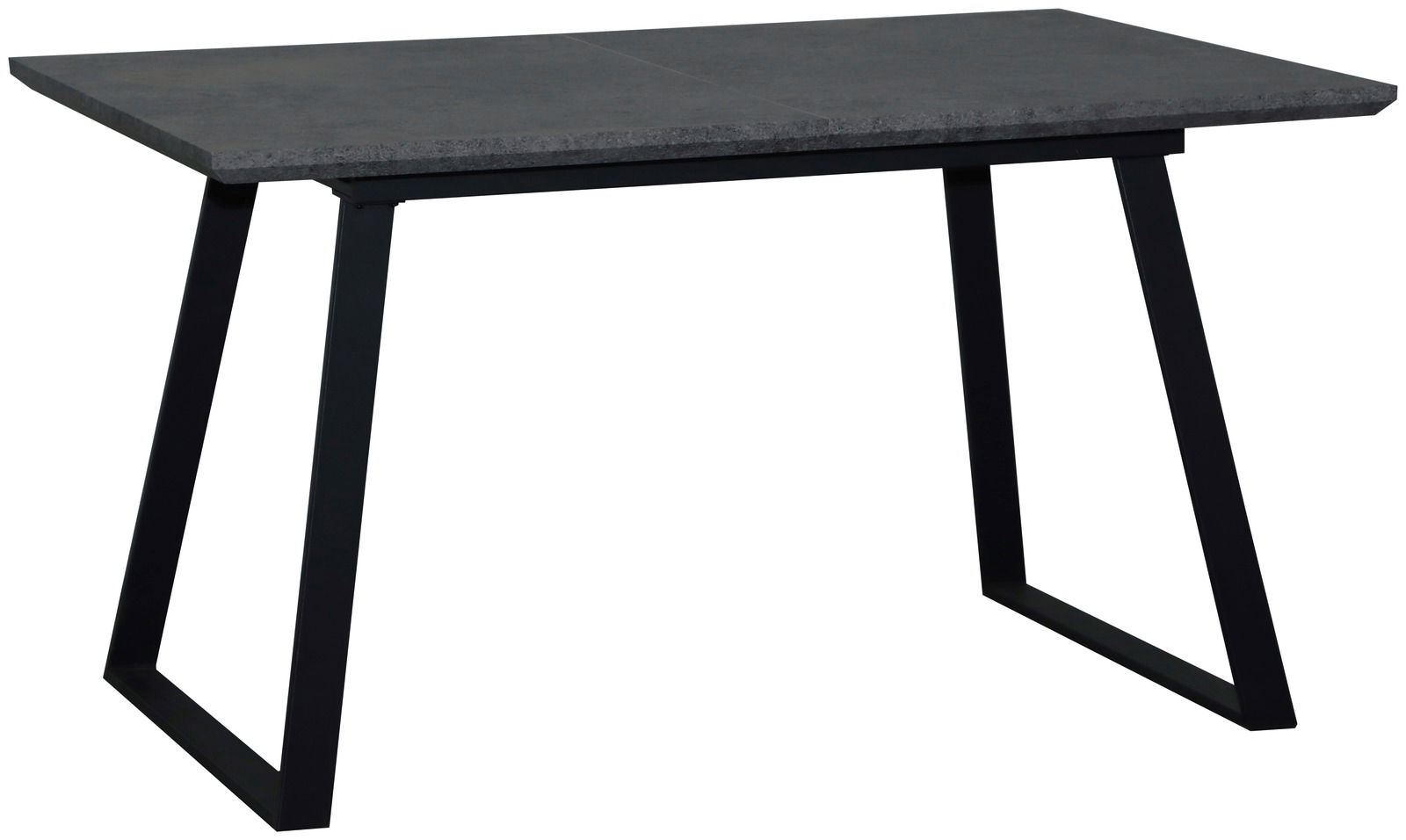 Moderner Esstisch mit dunkler Tischplatte und schwarzen Metallbeinen, seitliche Perspektive