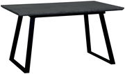 Moderner Esstisch mit dunkler Tischplatte und schwarzen Metallbeinen, seitliche Perspektive