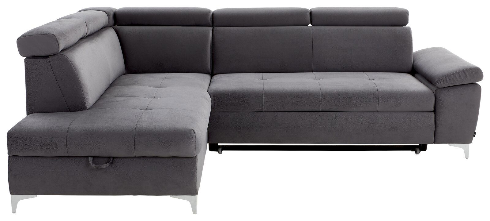 Graues Ecksofa mit verstellbaren Kopfstützen, Ansicht von vorne.