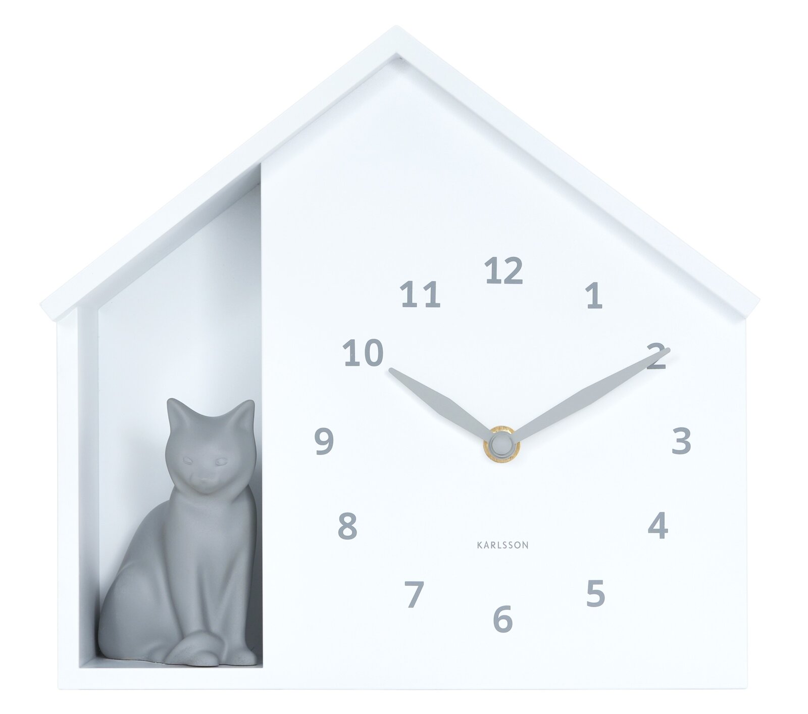Witte wandklok in de vorm van een huisje met een grijs kattenfiguurtje aan de linkerkant, gezien van voren.