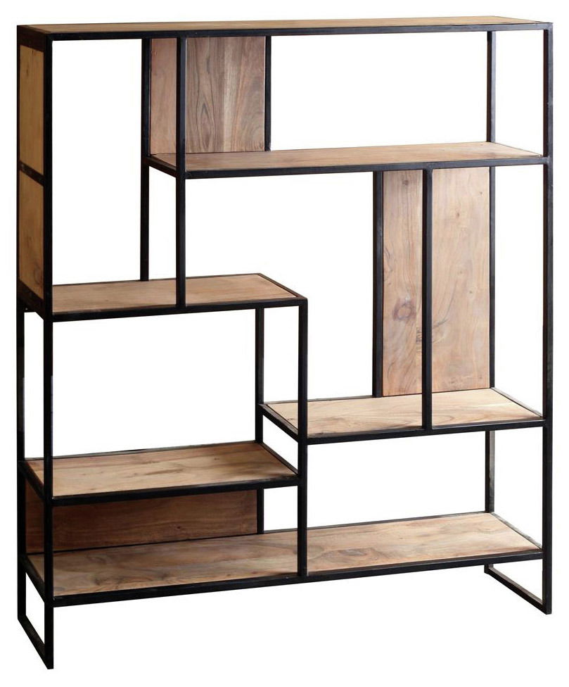 Modernes Regal aus Holz und Metall mit asymmetrischem Design, seitliche Perspektive