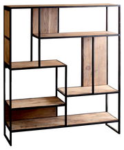 Modernes Regal aus Holz und Metall mit asymmetrischem Design, seitliche Perspektive