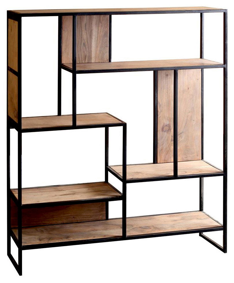 Modernes Regal aus Holz und Metall mit asymmetrischem Design, seitliche Perspektive