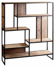 Modernes Regal aus Holz und Metall mit asymmetrischem Design, seitliche Perspektive