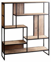 Modernes Regal aus Holz und Metall mit asymmetrischem Design, seitliche Perspektive