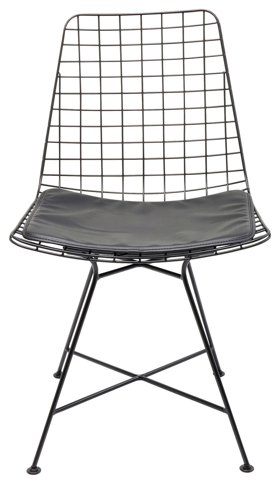 Moderner Metallstuhl mit Gitterdesign und schwarzem Sitzpolster, Frontalansicht