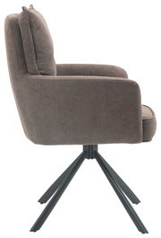 Seitenansicht eines modernen Sessels mit grauem Cordbezug und schwarzem Metallgestell.