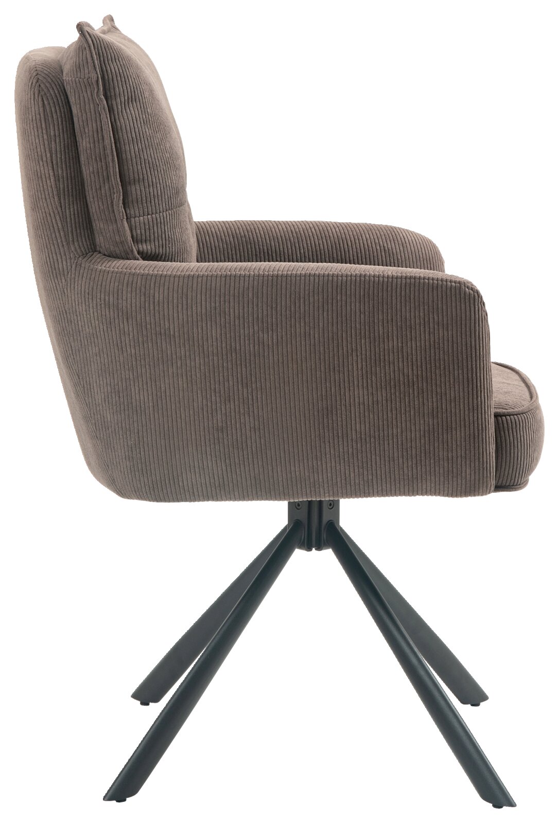 Zijaanzicht van een moderne fauteuil met een grijze corduroy bekleding en een zwart metalen frame.
