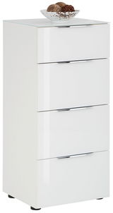 Weiße Hochkommode mit vier Schubladen, seitliche Perspektive, dekoriert mit einer Schale auf der Oberseite.