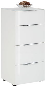 Weiße Hochkommode mit vier Schubladen, seitliche Perspektive, dekoriert mit einer Schale auf der Oberseite.