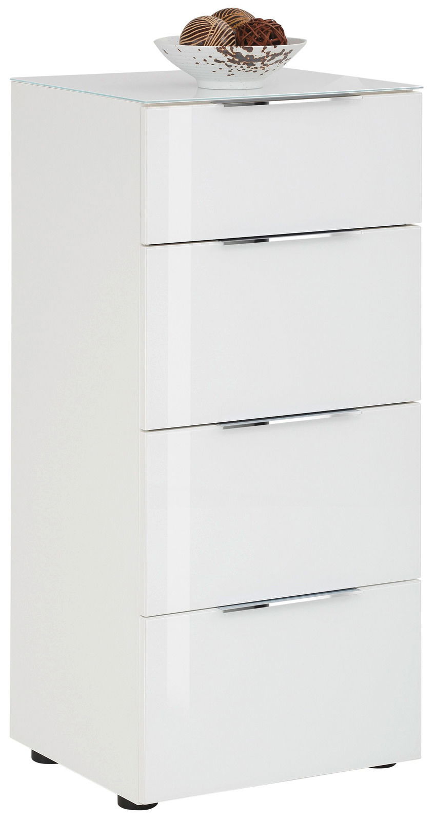 Weiße Hochkommode mit vier Schubladen, seitliche Perspektive, dekoriert mit einer Schale auf der Oberseite.