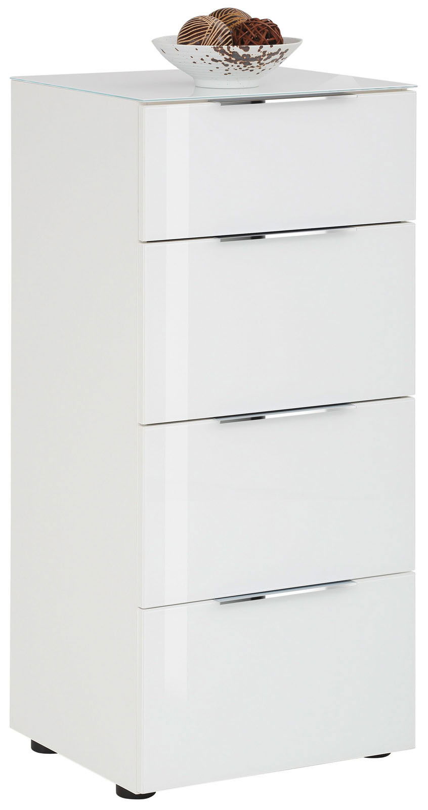 Voleo Hochkommode MALIN Weiße Hochkommode mit vier Schubladen, seitliche Perspektive, dekoriert mit einer Schale auf der Oberseite.