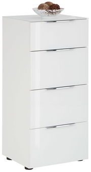 Weiße Hochkommode mit vier Schubladen, seitliche Perspektive, dekoriert mit einer Schale auf der Oberseite.