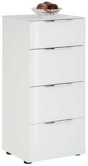 Weiße Hochkommode mit vier Schubladen, seitliche Perspektive, dekoriert mit einer Schale auf der Oberseite.