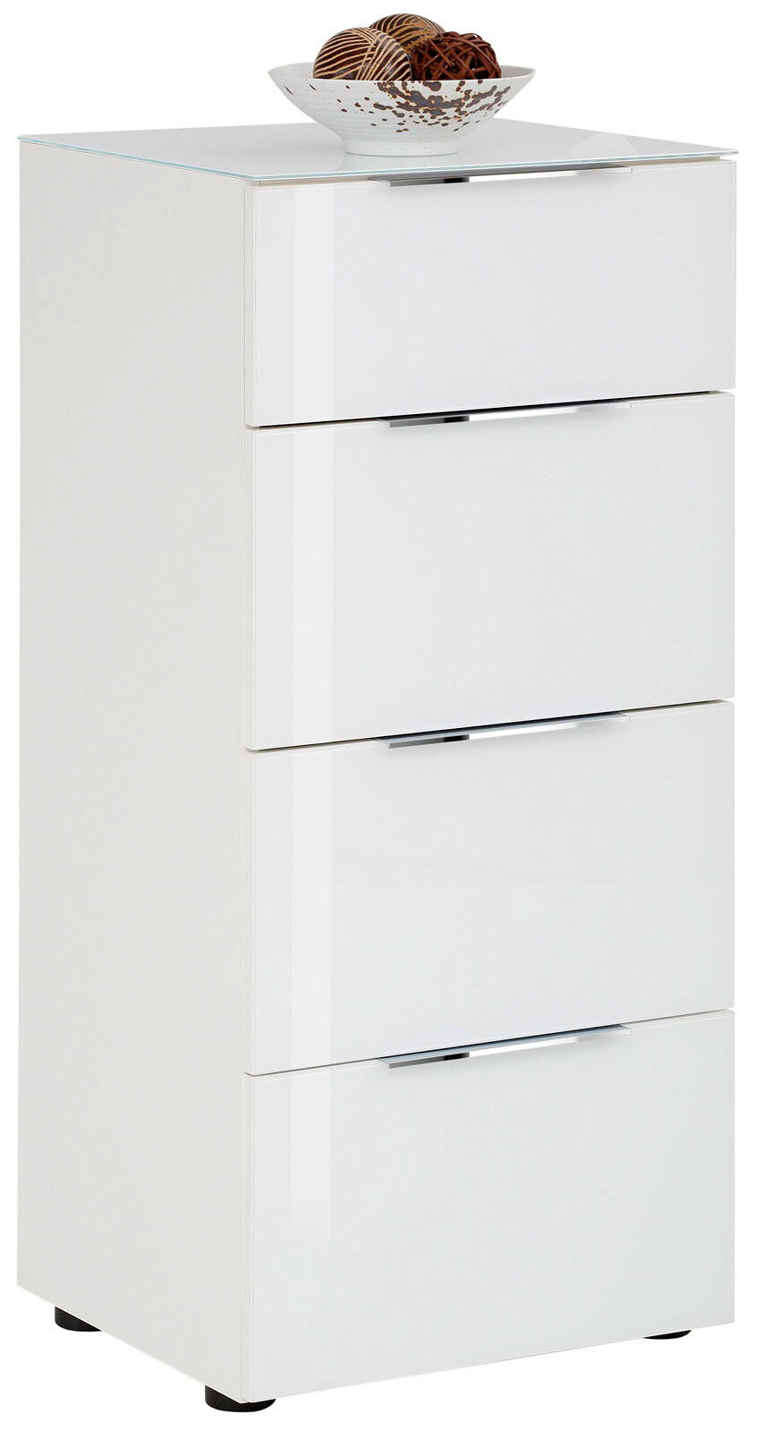 Voleo Hochkommode MALIN Weiße Hochkommode mit vier Schubladen, seitliche Perspektive, dekoriert mit einer Schale auf der Oberseite.